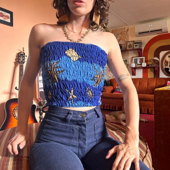 1990s Caribbean Sun ruched starfish ocean print tube top! - Picture 4 of 12